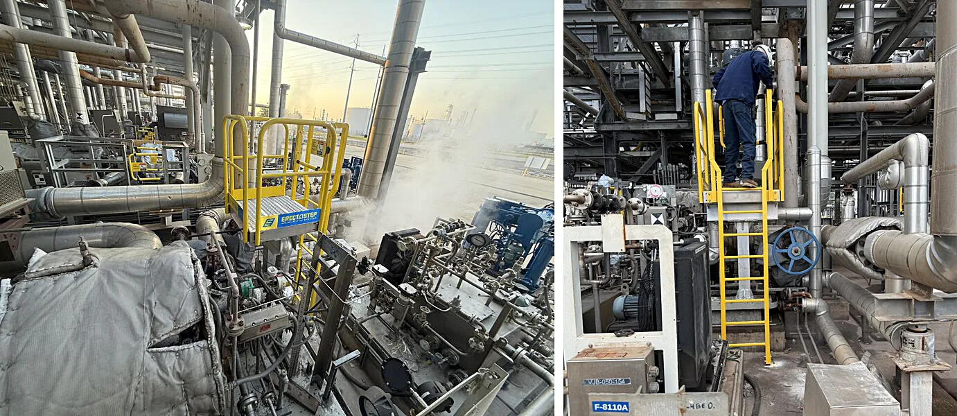 Custom ladder platform installed at a petrochemical facility, providing OSHA-compliant access to elevated valves for safer and more efficient maintenance.