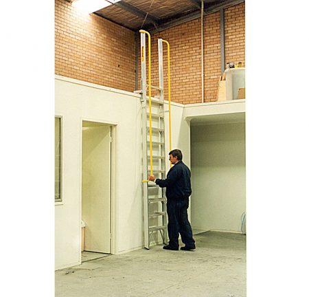 Adjustable mezzanine access ladder for various floor heights