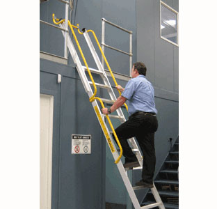 Mezzanine access ladder with safety gate and handrails