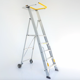 Worker standing securely on the Omni Platform Ladder with safety gate closed