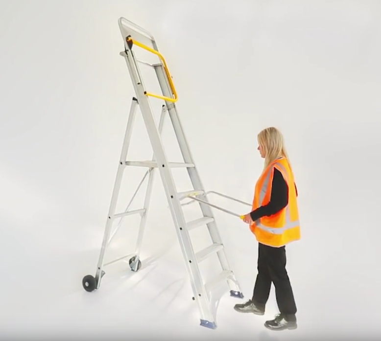 Omni Platform Ladder on jobsite showing all-terrain mobility