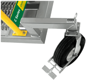 Elevated platform with handrails on C Series Mobile Work Platform Ladder