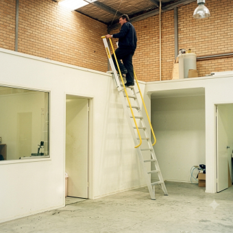 industrial access ladder with wide steps dual handrails and top safety gate for secure mezzanine entry