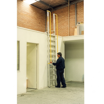 fold-flat ladder stored against wall in warehouse demonstrating compact space-saving design