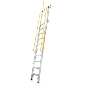 Mezzalad Access Ladders installed in a warehouse providing safe access to a mezzanine level with handrails and safety gate