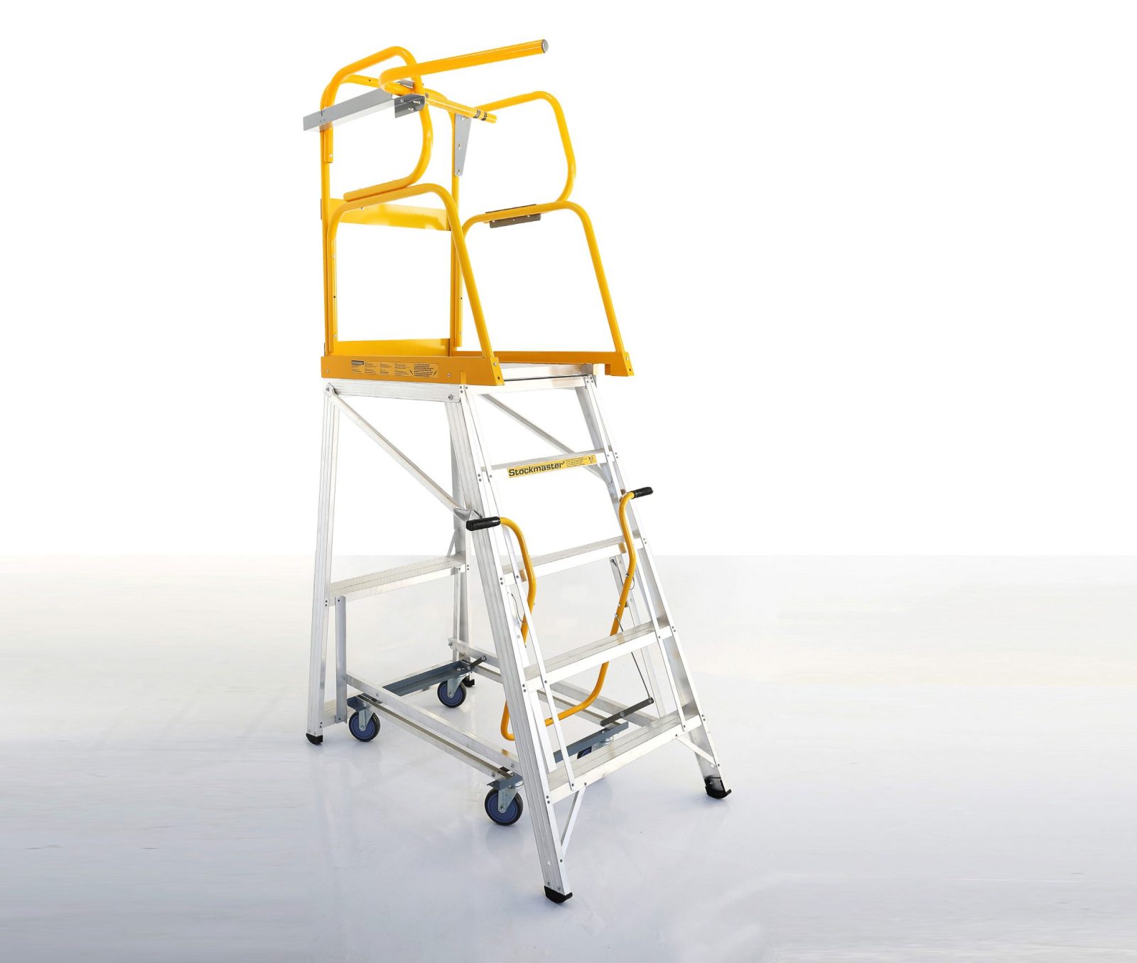 StockMaster platform ladders with safety railing system