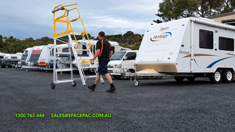 StockMaster Tracker platform ladder for Reducing Overreaching and Strain at elevated shelves